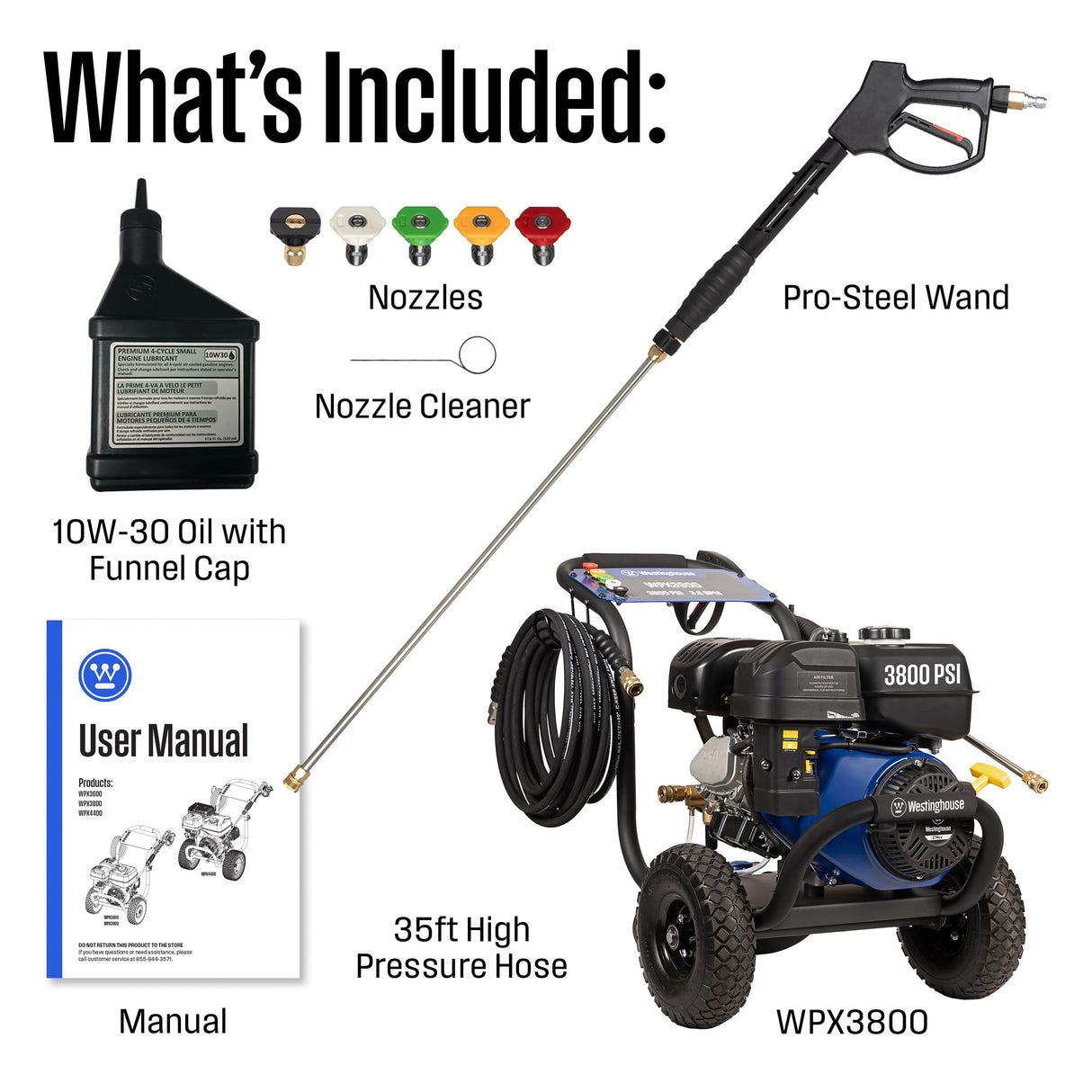 Westinghouse WPX3800 Gas Pressure Washer, 3800 PSI and 3.6 Max GPM, Onboard Soap Tank, Spray Gun and Wand, 5 Nozzle Set, for Cars/Fences/Driveways/Homes/Patios/Furniture, Black Westinghouse