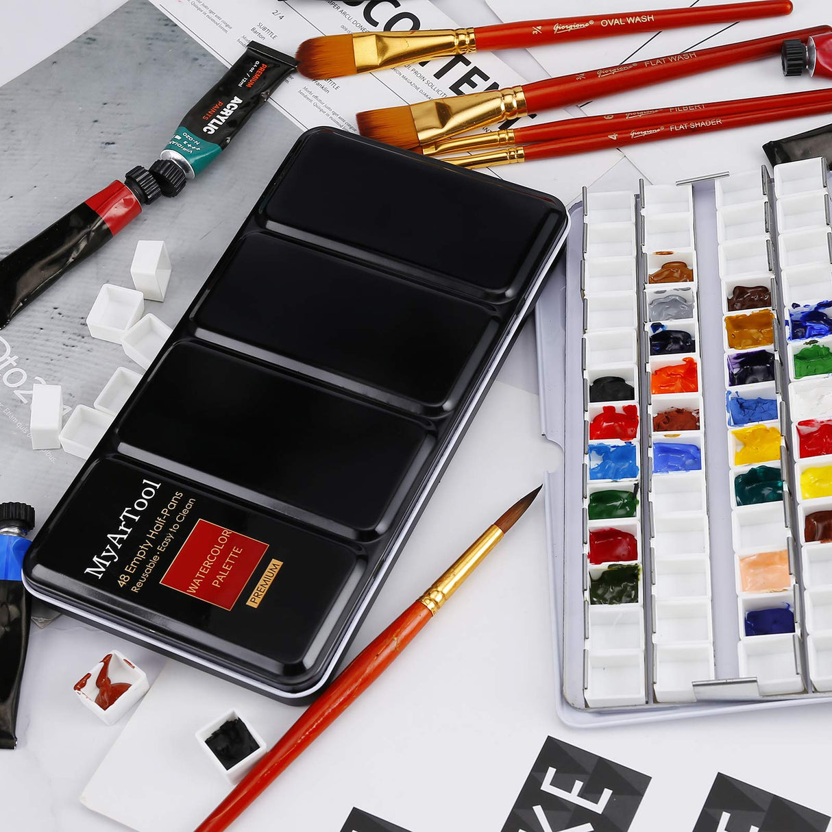 MYARTOOL Metal Tin Paint Case, Fold-Out Palette Holds 48 Half Pans, Travel Palette, Acrylic and Watercolor MYARTOOL