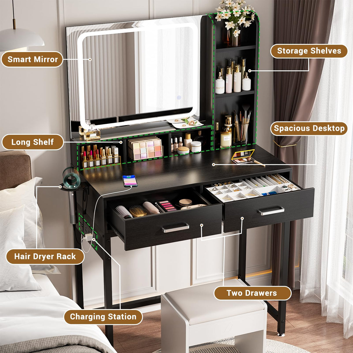 Small Vanity Desk, Vanity Desk with Mirror and Lights, Makeup Vanity Desk with Power Strip, Vanity Table with Drawers and Shelves, Adjustable Lighting, Dressing Table for Bedroom Dressing Room, Black Cyclysio