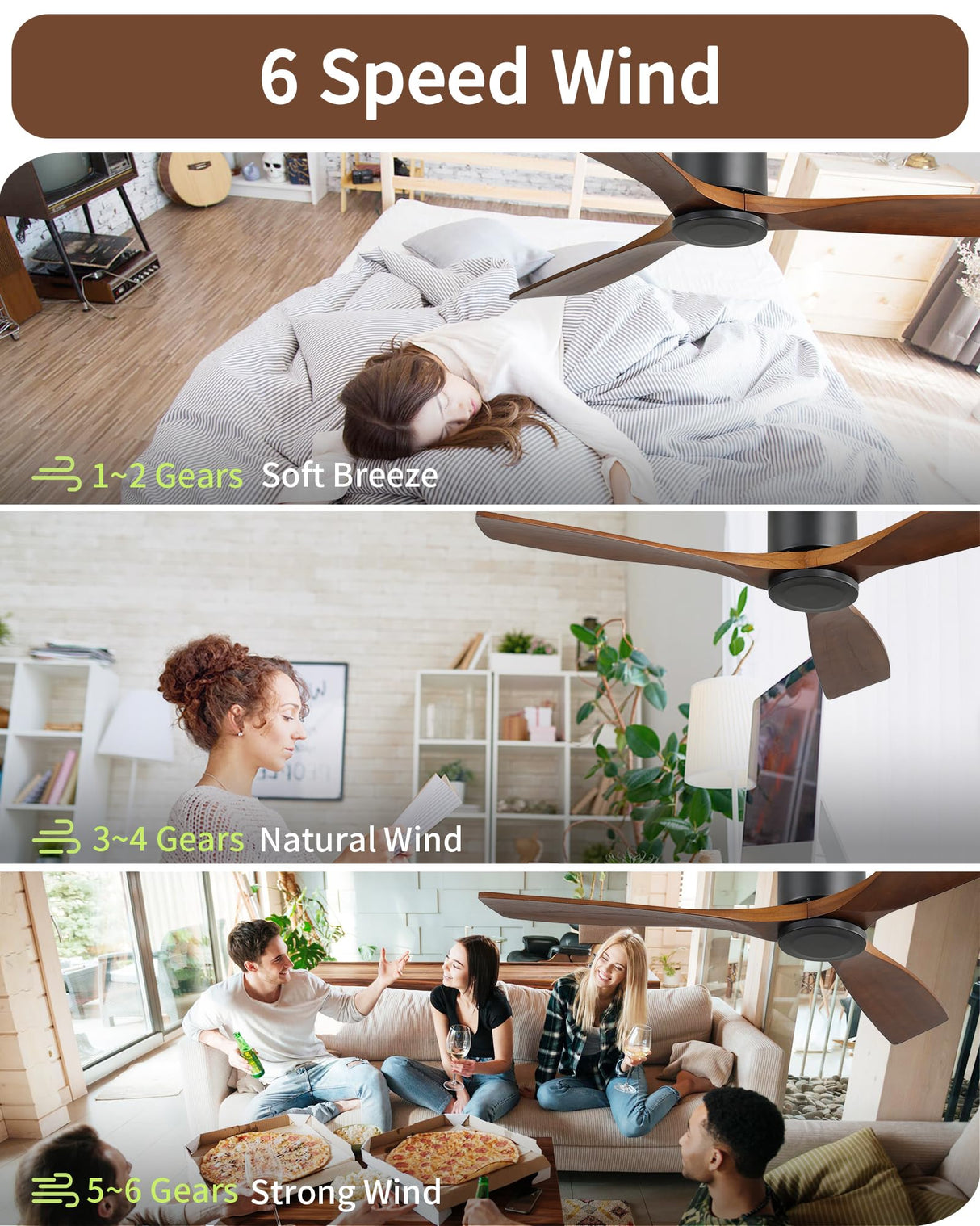 CACI Mall 52 Inch Flush Mount Wood Ceiling Fan without Light,Low Profile,Modern,6 Speed,3 Blades Timer,Remote Control,Quiet Reversible DC Motor for Berdrooms, Livingroom, Patios CACI Mall