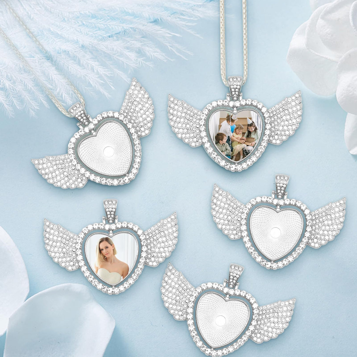 ZYNERY 48 Pcs Sublimation Rhinestone Trays Pendant Set, Sublimation Necklace Blank with Chain, Includes 8 Double Sided Blank Rhinestone Bezel Trays, 8 Chains, 16 Sublimation Discs, 16 Tapes (Wings) ZYNERY