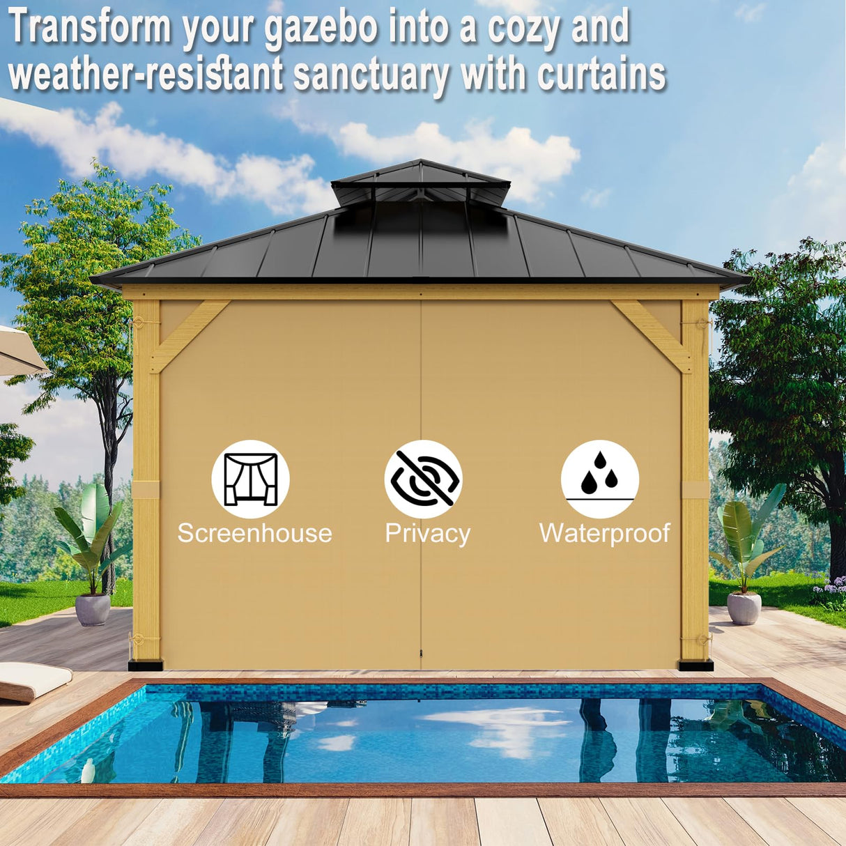 12-ft x 16-ft Gazebo Curtains, Privacy Replacement Sidewall 4-Panel Universal Shade Curtains Set, Protecting Side Walls - Khaki Zupoquk