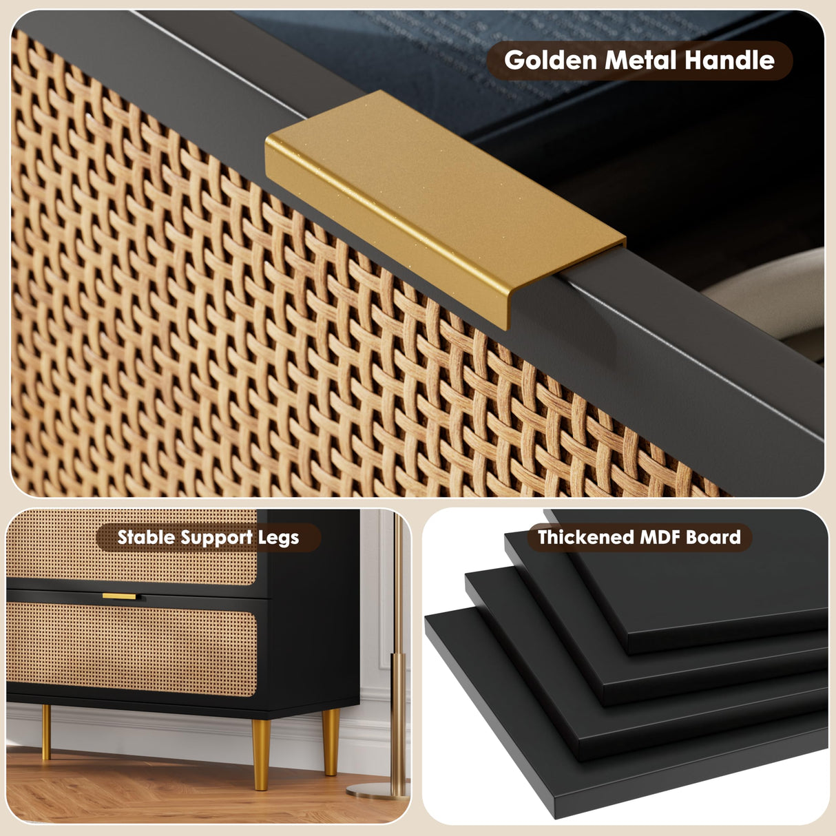 GarveeHome Rattan 7 Drawer Dressers for Bedroom, Tall Dresser with Deep Drawers, Large Chest of Drawers for Closet with Wide Top, Long Wooden Dresser for Living Room, Hallway, Kids Room, Black GarveeHome