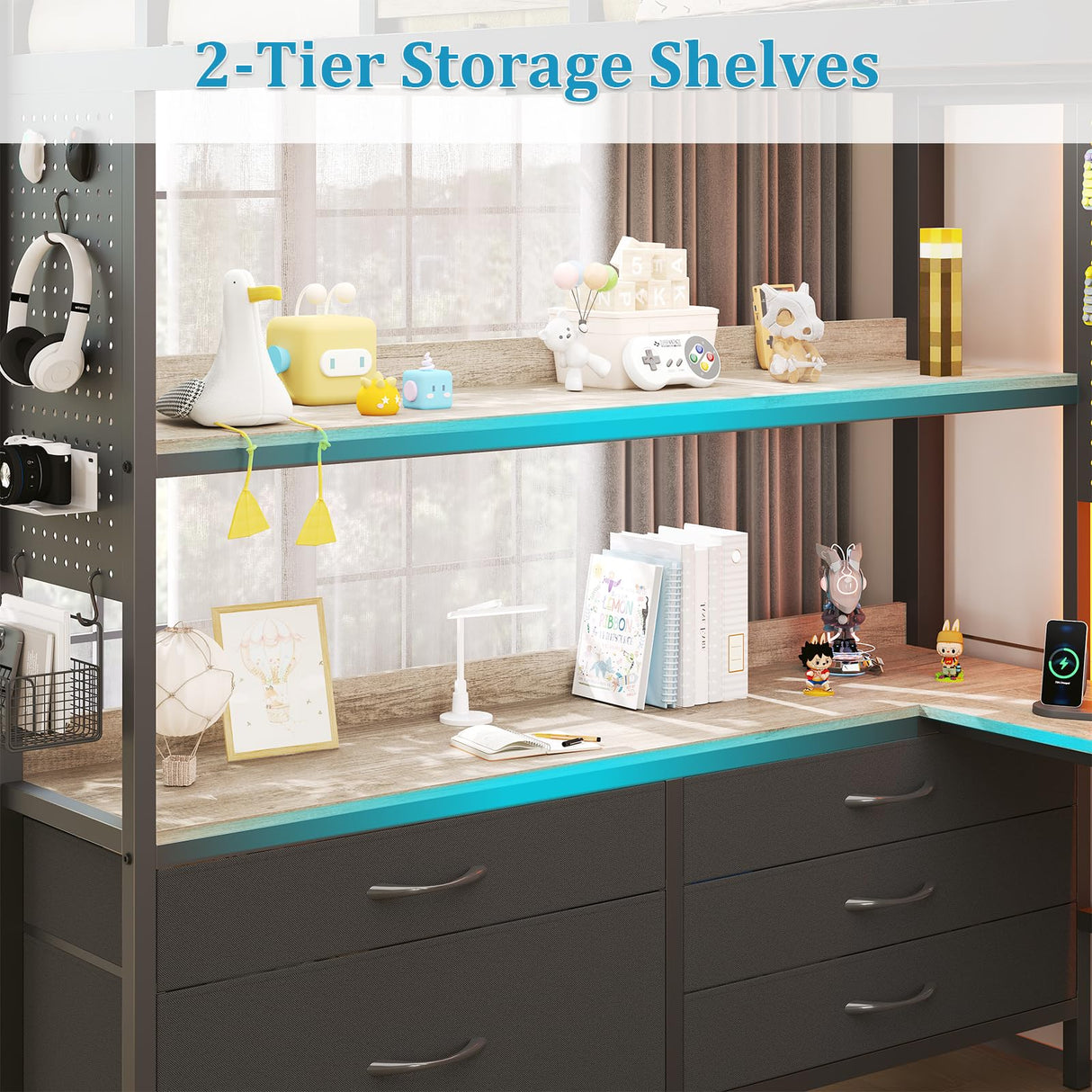 busyaeh Loft Bed Full Size with 5 Drawers & 3 Open Shelves and Charging Station,Full Size Loft Bed with Desk & LED Lights and Thickened Tread Stairs,Loft bed Space-Saving,No Box Spring Needed,Oak Gray busyaeh