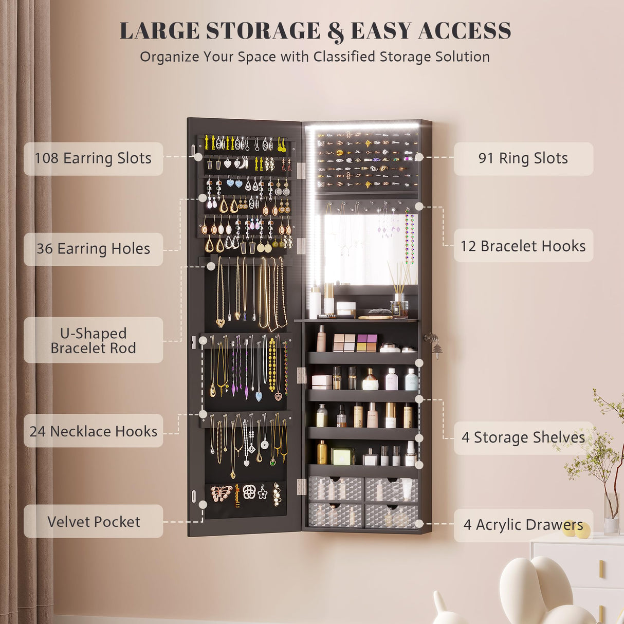 Vlsrka 47.2" LED Jewelry Mirror Cabinet, Wall/Door Mounted Hanging Jewelry Armoire Organizer with Full-Length Mirror, Large Storage Cabinet, 4 Drawers, 5 Shelves, Built-in Lighted Mirror (Black) Vlsrka