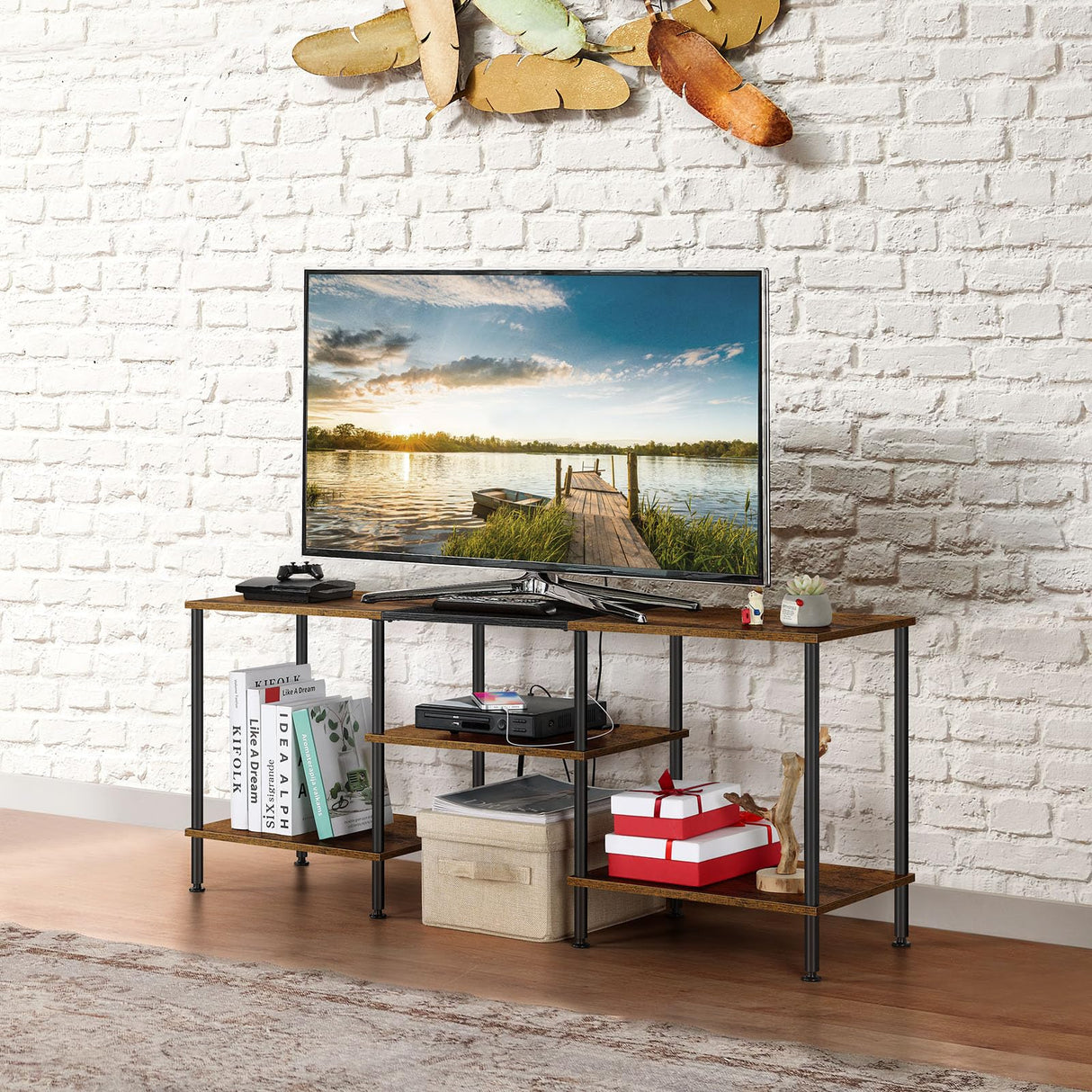 OYEAL Small TV Stand for Living Room up to 50 inch Farmhouse TV Media Entertainment Center with Power Outlets & Storage Shelf 45'' TV Cabinet Console Table for Bedroom, Rustic Brown OYEAL