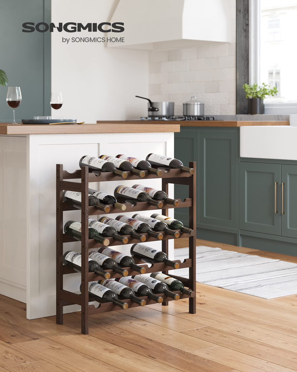 SONGMICS 30-Bottle Wine Rack, 5-Tier Freestanding Floor Bamboo Wine Holder, Display Stand Shelves, Wave Bars, Walnut Color UKWR025D01 SONGMICS