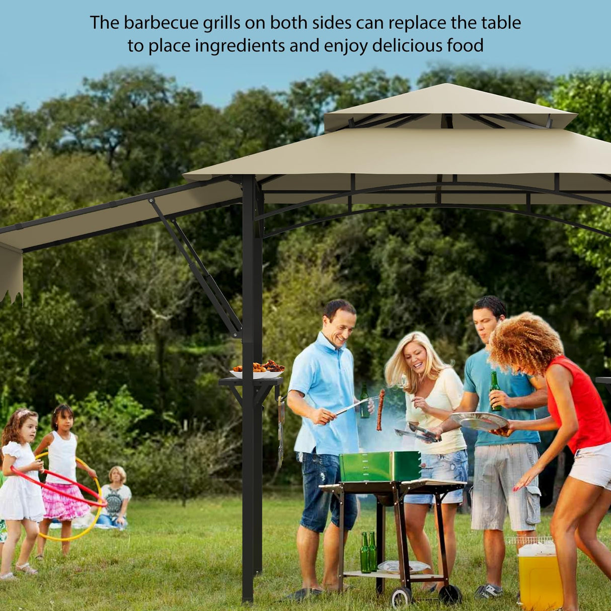 GarveeLife 8'x 5' Grill Gazebo Canopy,Outdoor BBQ Grill Patio Canopy Tent with Led Light/Extra Shadows*2/Bottle Opener/Hanging Hooks for Outdoor/Backyard/Patio/Garden/Beach (Khaki) GarveeLife