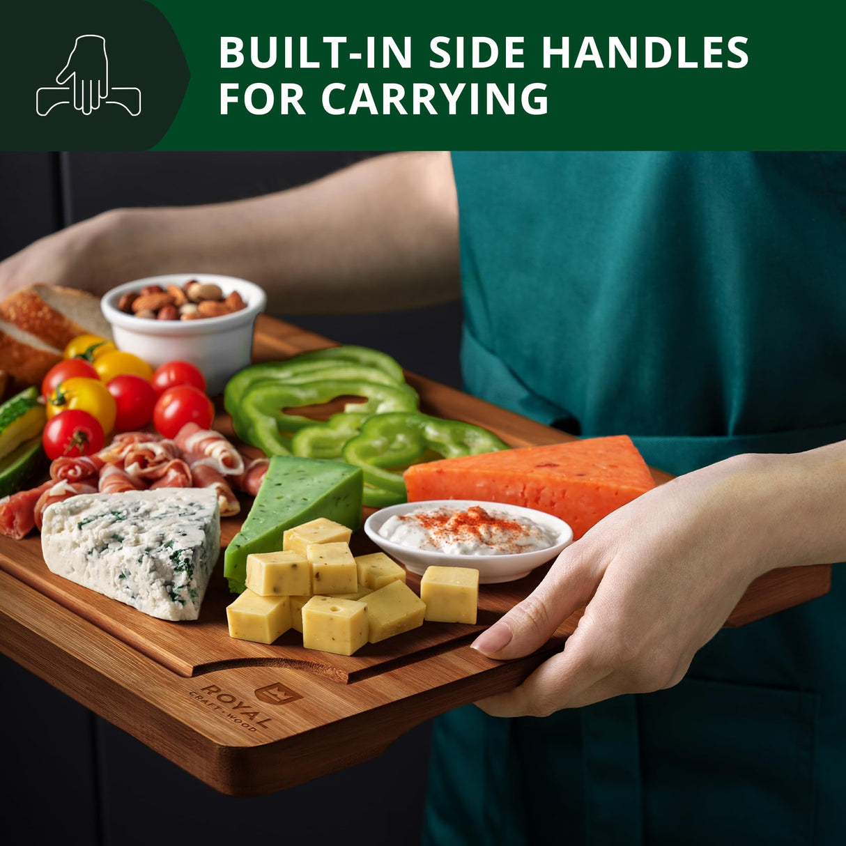 ROYAL CRAFT WOOD Wooden Cutting Boards for Kitchen Meal Prep & Serving - Bamboo Wood Serving Board Set with Deep Juice Groove Side Handles - Charcuterie & Chopping Butcher Block for Meat (3 Pcs) ROYAL CRAFT WOOD