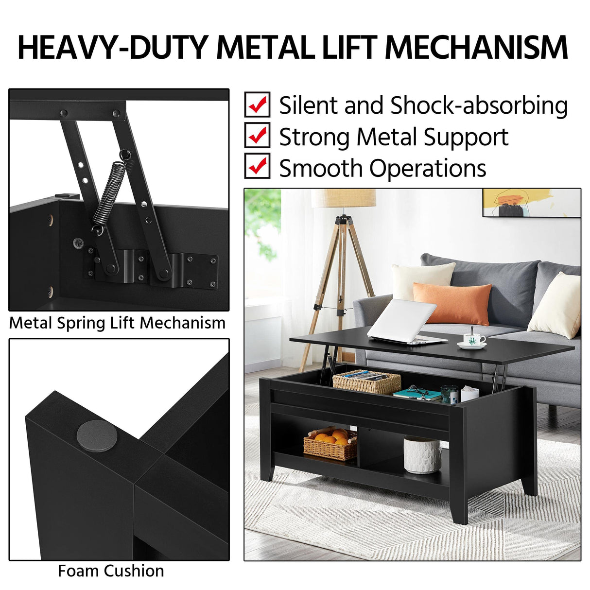 Yaheetech Black Coffee Table, Lift Top Coffee Table with Hidden Storage Compartment & Open Shelf, Lift Tabletop Pop-Up Coffee Table for Living Room Reception, 47.5inch L Yaheetech