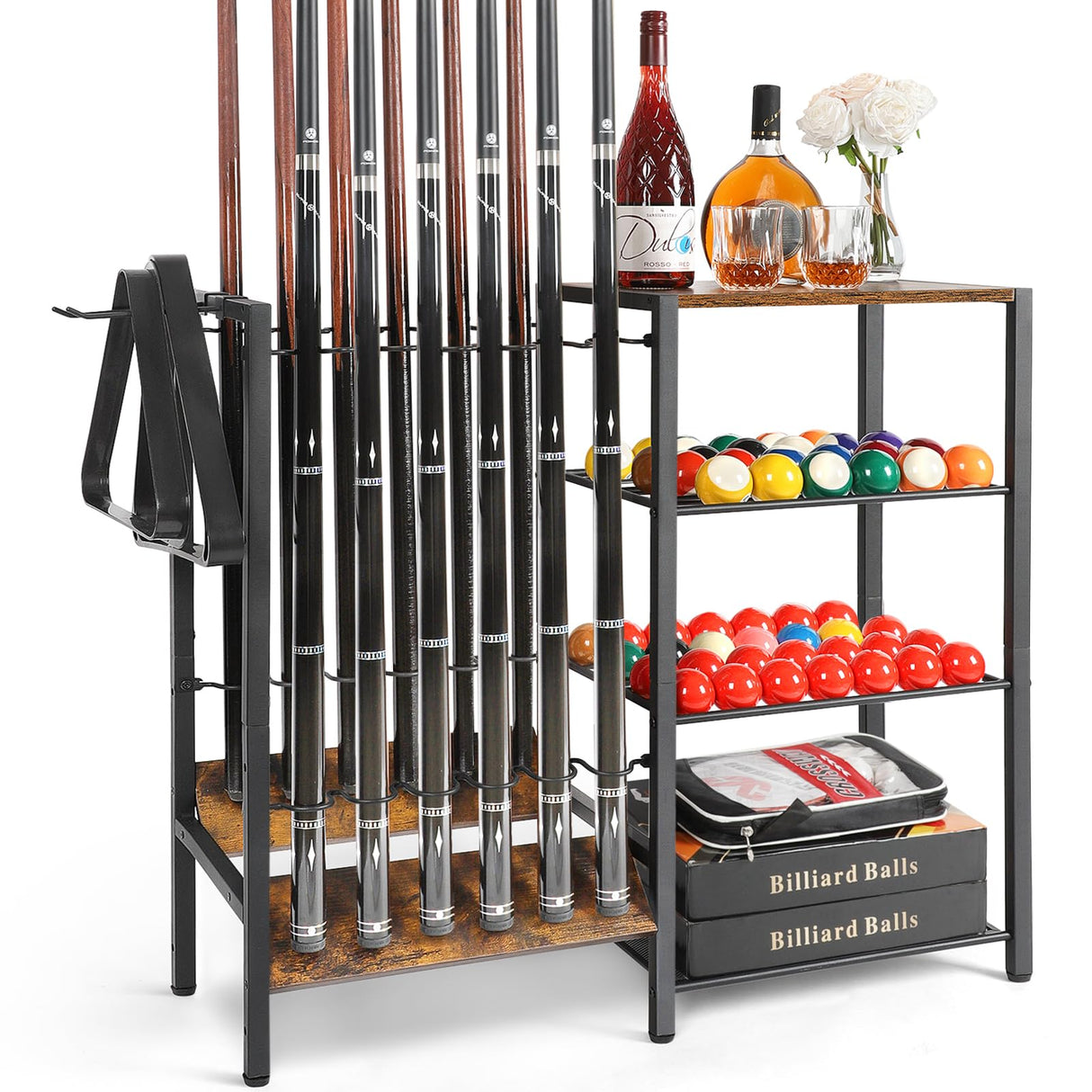 Pool Stick Holder Floor Stand up to 12 Cue Sticks, Pool Cue Holder with Balls Storage, Pool Table Accessories Stand Large Pool Cue Rack Equipment Organizer Cue Stick Holder for Billiard Game Room Olakee