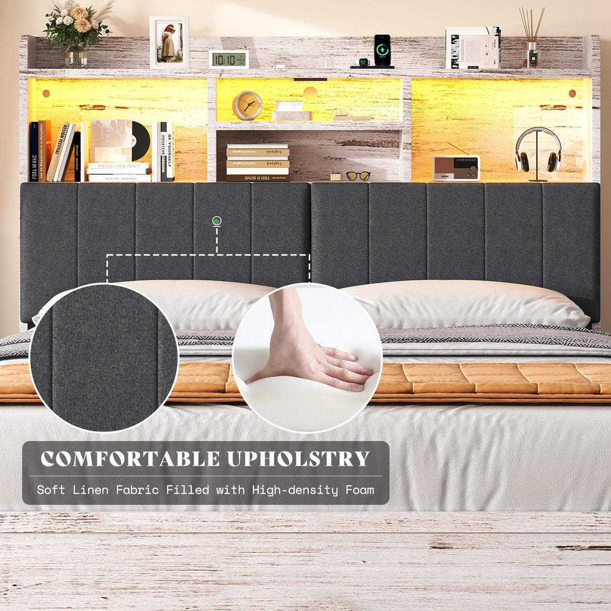 AMERLIFE King Size Bed Frame with 51.2" Tall Bookcase Headboard, Farmhouse Platform Bed with 4 Storage Drawers, Linen Upholstered, Charging Station & Storage, Rustic White AMERLIFE