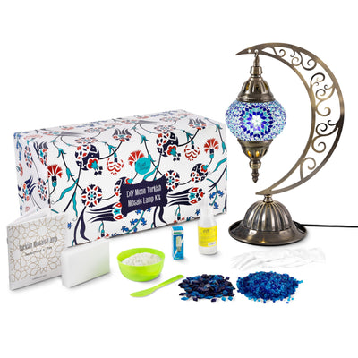 Turkish Mosaic Moon Lamp Making Kit | DIY Colorful Glass Decorative Table Desk Light | Craft Kit For Adults | Make Your Own Lamp | Living Room Bedroom | Mosaic Pieces, Beads, US-Plug (Blue)