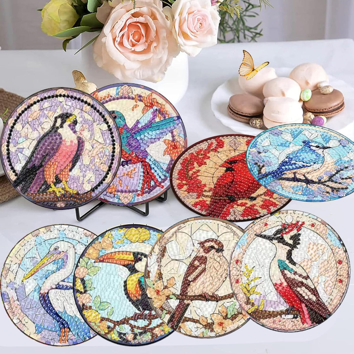 croshom 8 PCS Birds Diamond Art Coasters Diamond Painting Coasters Kits with Holder, Birds DIY Coasters for Adult Beginners, Diamond Art Crafts Supplies croshom