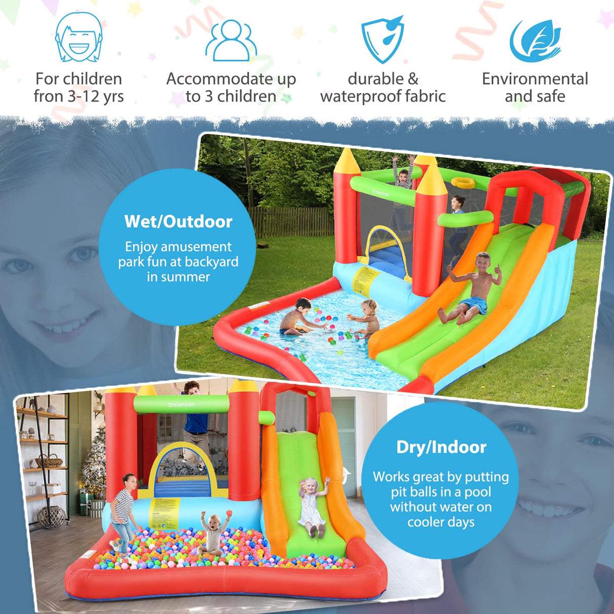 HYPOAI Bounce House,Inflatable Bounce Castle with Blower for Kids 3-12,Outdoor/Indoor Bouncy House Water Park for Backyard with Splash Slide,Climbing Wall,Ball Pit,Jumping Area (146" x 103" x 73") HYPOAI