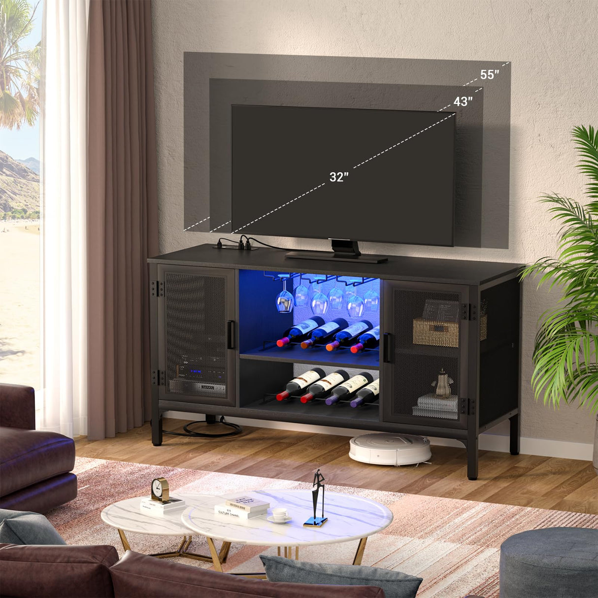 Homieasy Wine Bar Cabinet with Power Outlets & LED Lights, Industrial Liquor Cabinet with Adjustable Wine Racks, Coffee Station Cabinets with Storage for Kitchen/Home, Black Homieasy