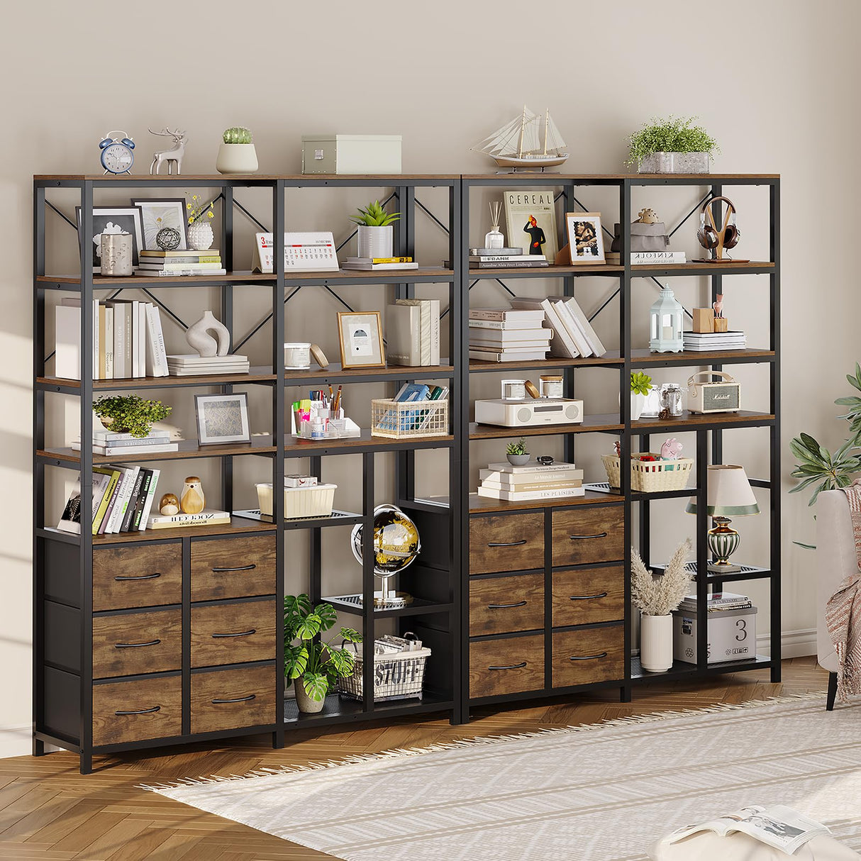 HAUOMS Corner Bookshelf, 7-Tier Industrial Convertible Book Shelf with 6 Fabric Drawers, Corner Bookcase Freestanding Display Shelf for Living Room, Kitchen, Home Office, Rustic Brown HAUOMS