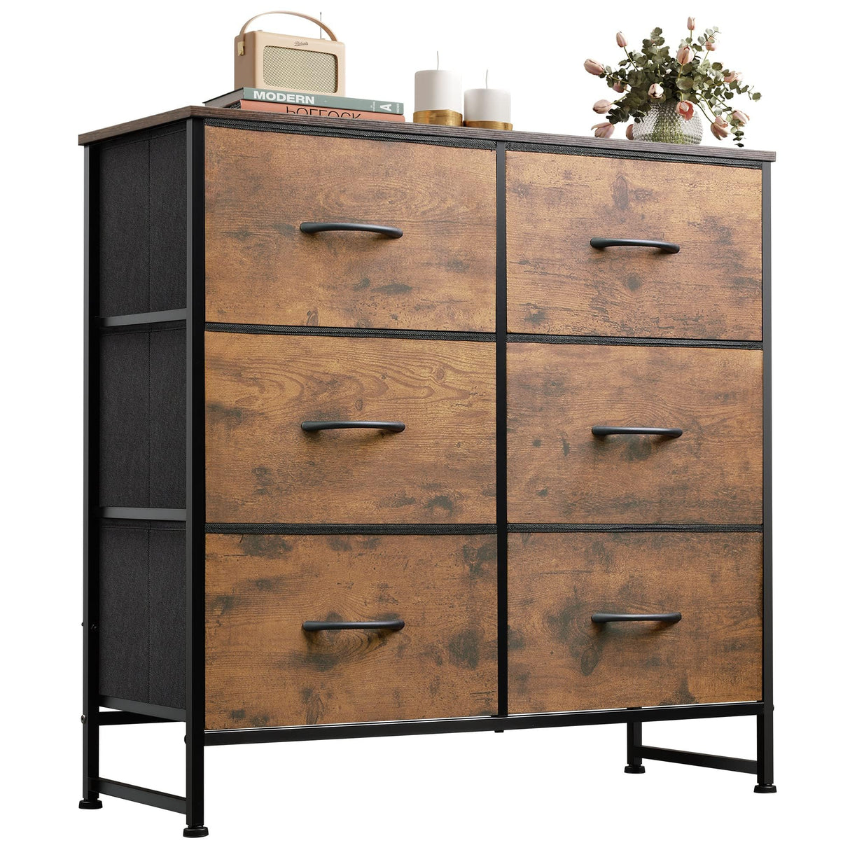 WLIVE 6 Drawer Dresser for Bedroom, Fabric Double Dresser, Storage Tower with Fabric Bins, Chest of Drawers for Closet, Living Room, Hallway, Rustic Brown Wood Grain Print WLIVE