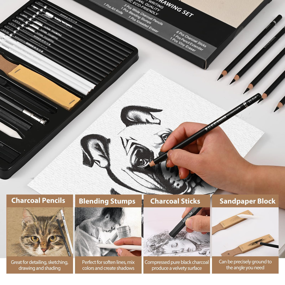 27 Piece Charcoal Drawing Set - Professional Black & White Charcoal Pencils for Sketching, Shading & Blending, Graphite Sticks with Artist Art Supplies Kit (Beginners & Professionals) GETHPEN