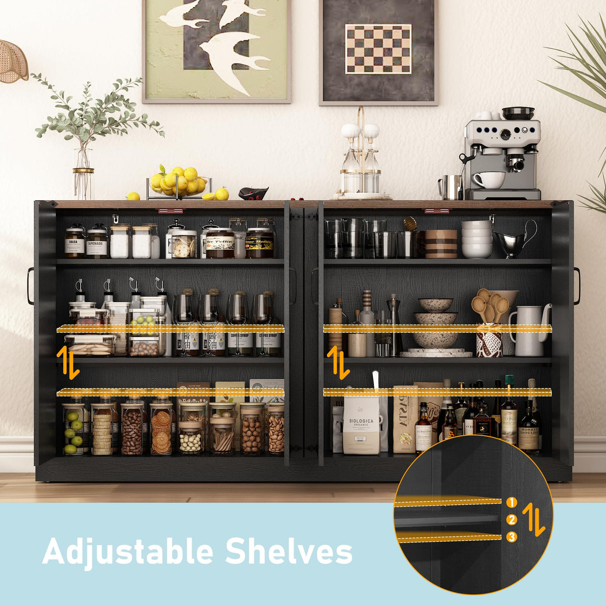Sideboard Buffet Cabinet with Storage - 65’’ Large Farmhouse Buffet Table Coffee Bar Cabinets, Modern Accent Cabinet with Adjustable Shelf and 4 Doors, for Kitchen, Dining Room, Living Room, Black chartustriable