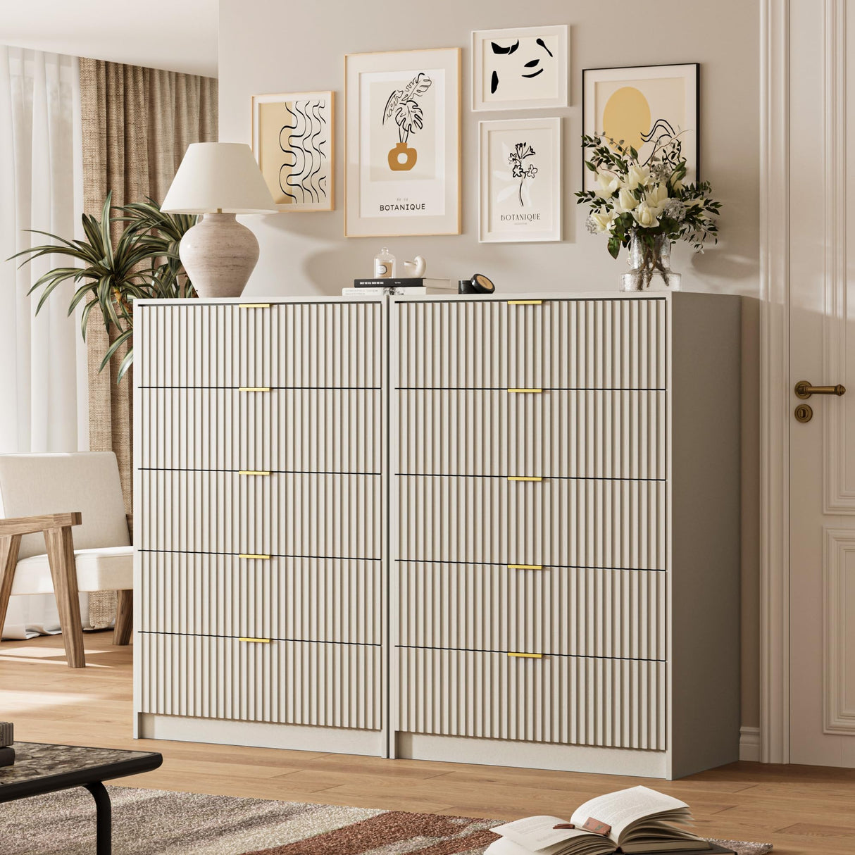 MAISONARIA 5 Drawer Dresser for Bedroom, Tall Dresser Chest of Drawers with Gold Handles, 32 Inch Wide Nightstand with for Bedroom, Living Rooms, Offices, and Entryways, Beige MAISONARIA
