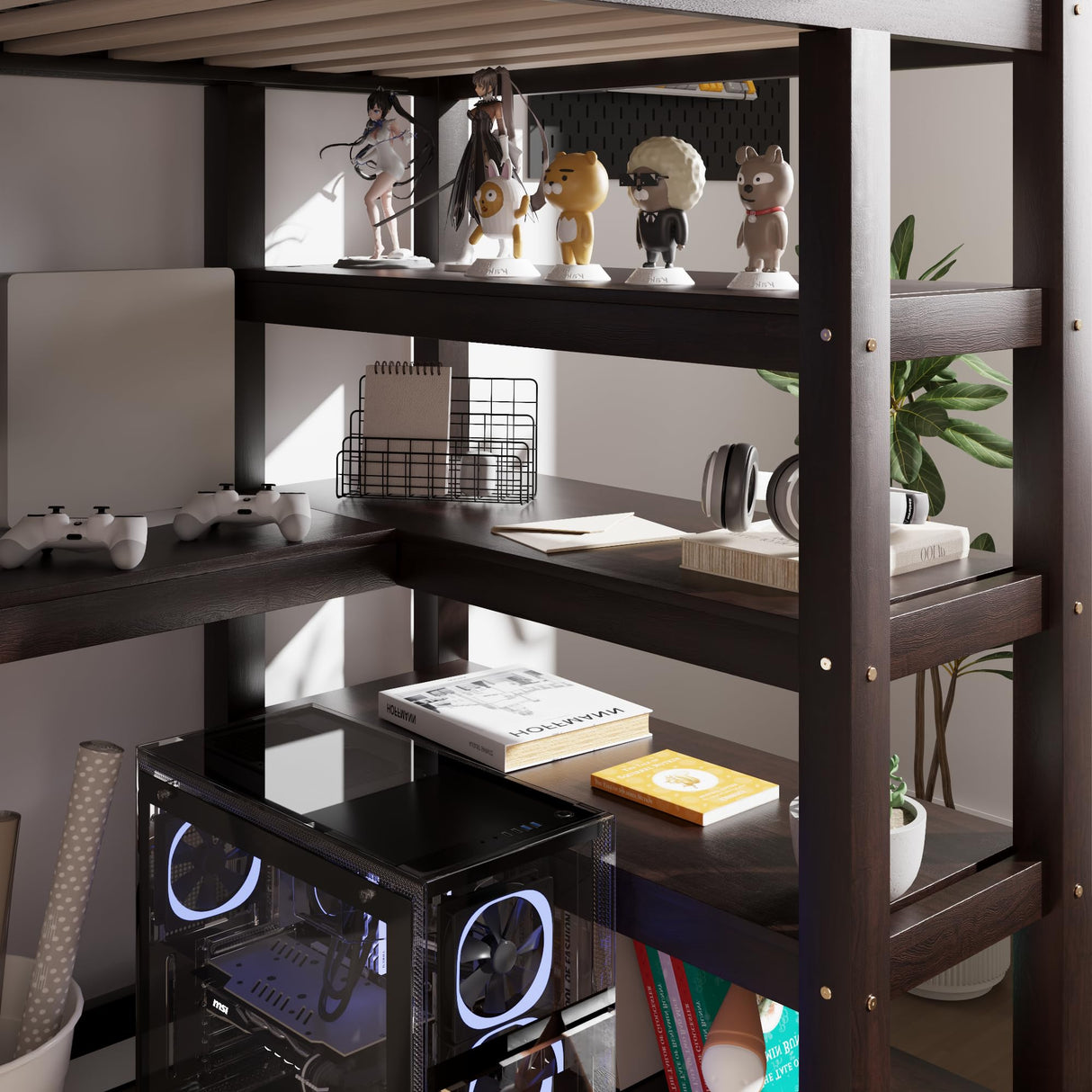 Revamp your space with the Merax Espresso Twin Loft Bed featuring a Desk and Storage Shelves Merax