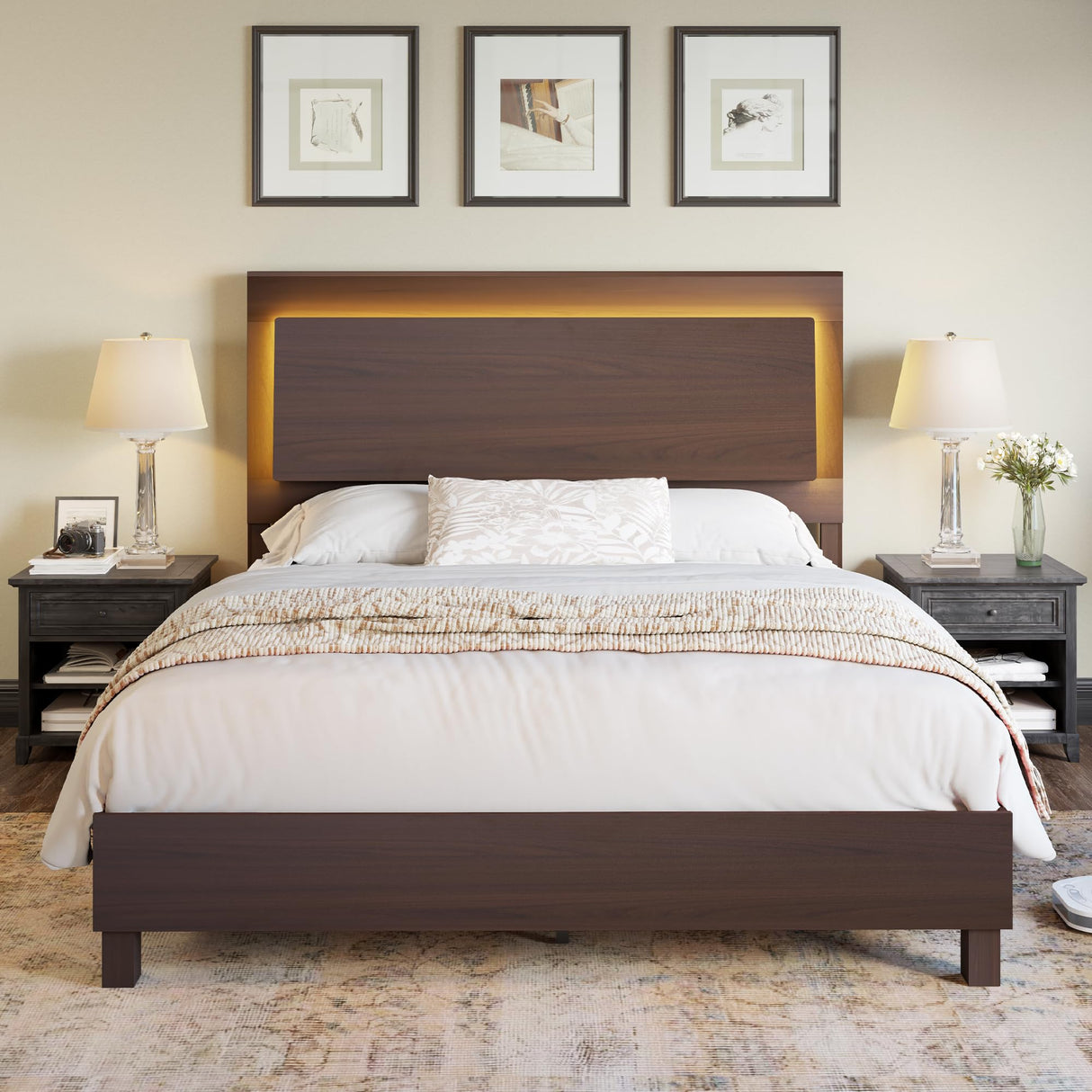 AMERLIFE Rustic Wood Full Bed Frame with LED Headboard and Supportive Slats, Red Brown AMERLIFE