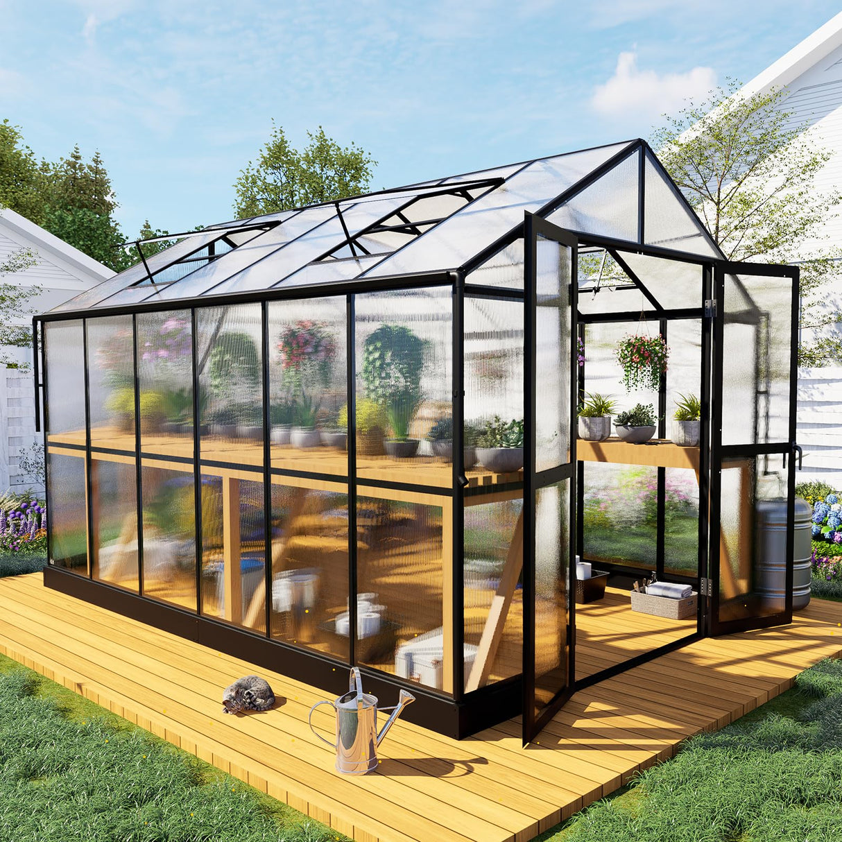 HOWE 8x12x7.5 FT Polycarbonate Greenhouse Double Swing Doors 4 Vents 5.2FT Added Wall Height, Walk-in Large Aluminum Greenhouse Sunroom Winter Greenhouse for Outdoors, Black HOWE