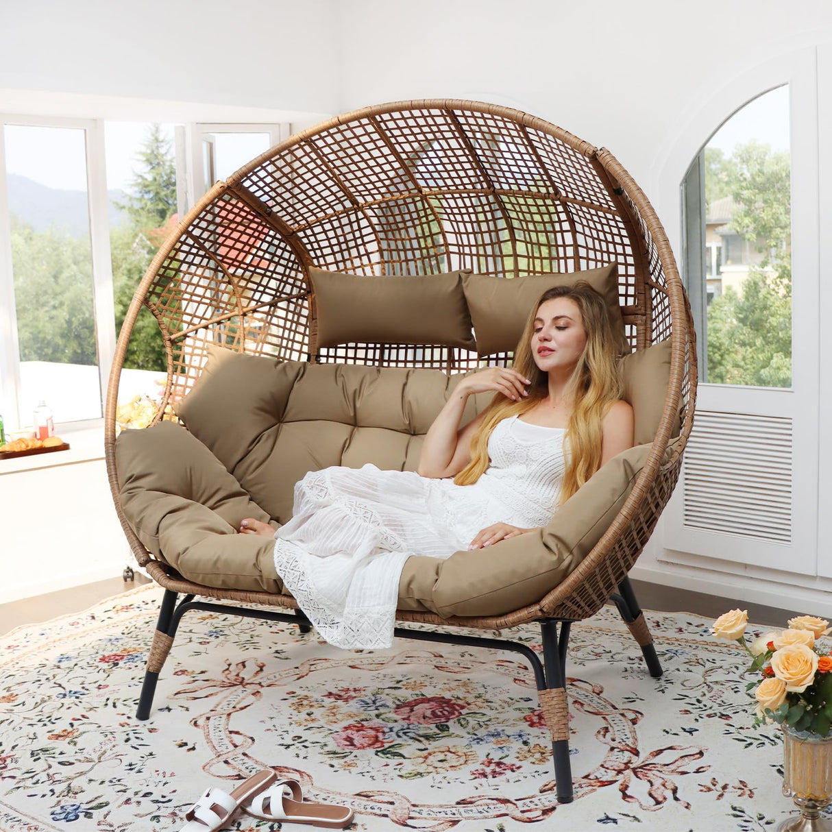 FINCATI Indoor Outdoor Double Egg Chair, 2 Person Oversized Wicker Rattan Stationary Lounge Chair with Legs, 680 lbs Loveseat Boho Egg Basket Chairs for Patio Garden Backyard Living Room Brown FINCATI