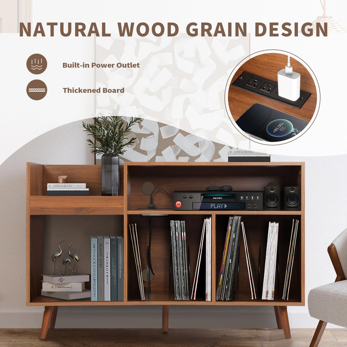 Record Player Stand with Charging Station & USB Ports, Mid-Century Turntable Stand Table Holds Up to 300 Albums, Vinyl Record Storage Cabinet with Wood Legs for Living Room Office (Black) Oubayajia