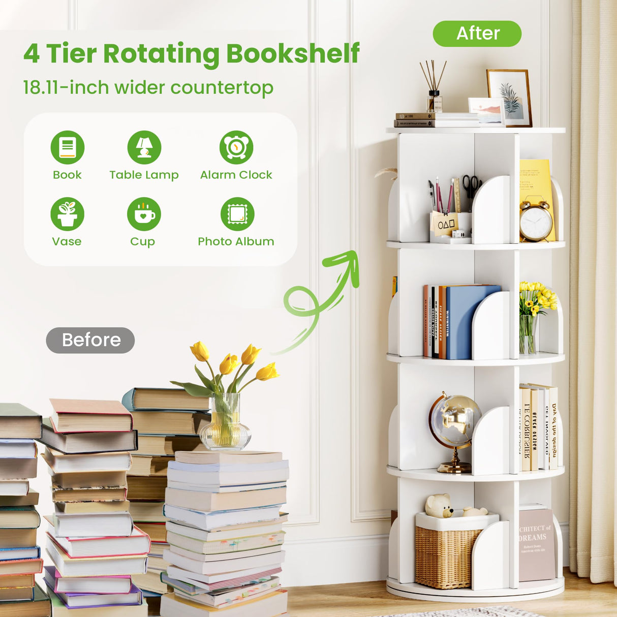 FOLINALA Rotating Bookshelf, Small Corner Bookcase with Storage for Small Space, 4 Tier 360 Spinning Bookshelf Tower, Revolving Book Shelf Organizer for Bedroom, Living Room and Study Room (White) FOLINALA