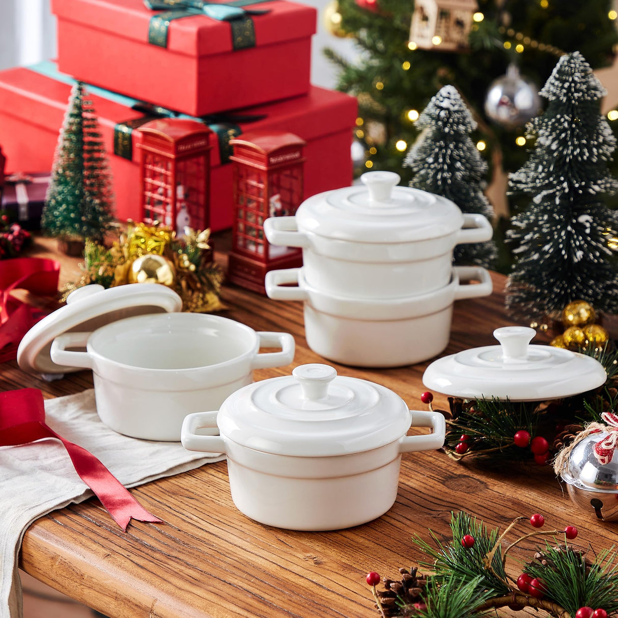 Lareina Mini Cocotte - 12oz Ceramic Casserole Dishes - Kitchen Casserole Sets With Handles And Lid - Small Baking Ramekins - Oven, Microwave & Dishwasher Safe - Set of 4 - White Lareina