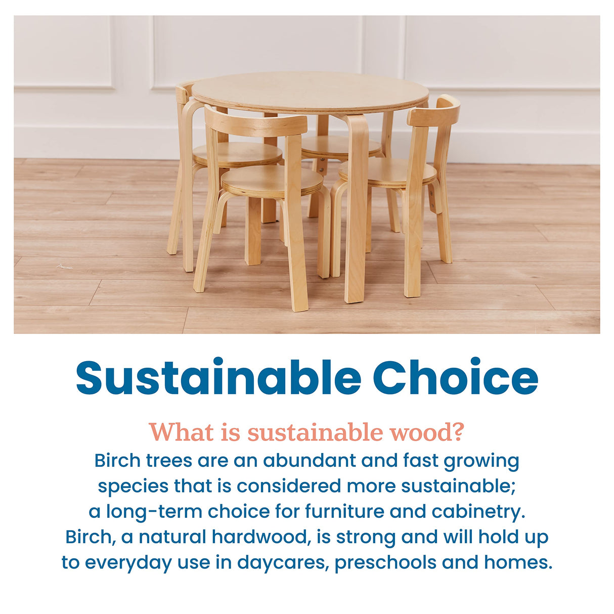 ECR4Kids Bentwood Round Table and Curved Back Chair Set, Kids Furniture, Natural, 5-Piece ECR4Kids