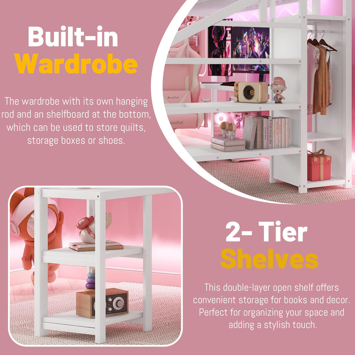 Queen Size Loft Bed with Desk,Metal Heavy Duty Queen Loft Beds with Stairs,Wardrobe and Shelves, High Gaming LoftBed with LED Light and USB Charging Station for Adults,Teens, White Mirightone