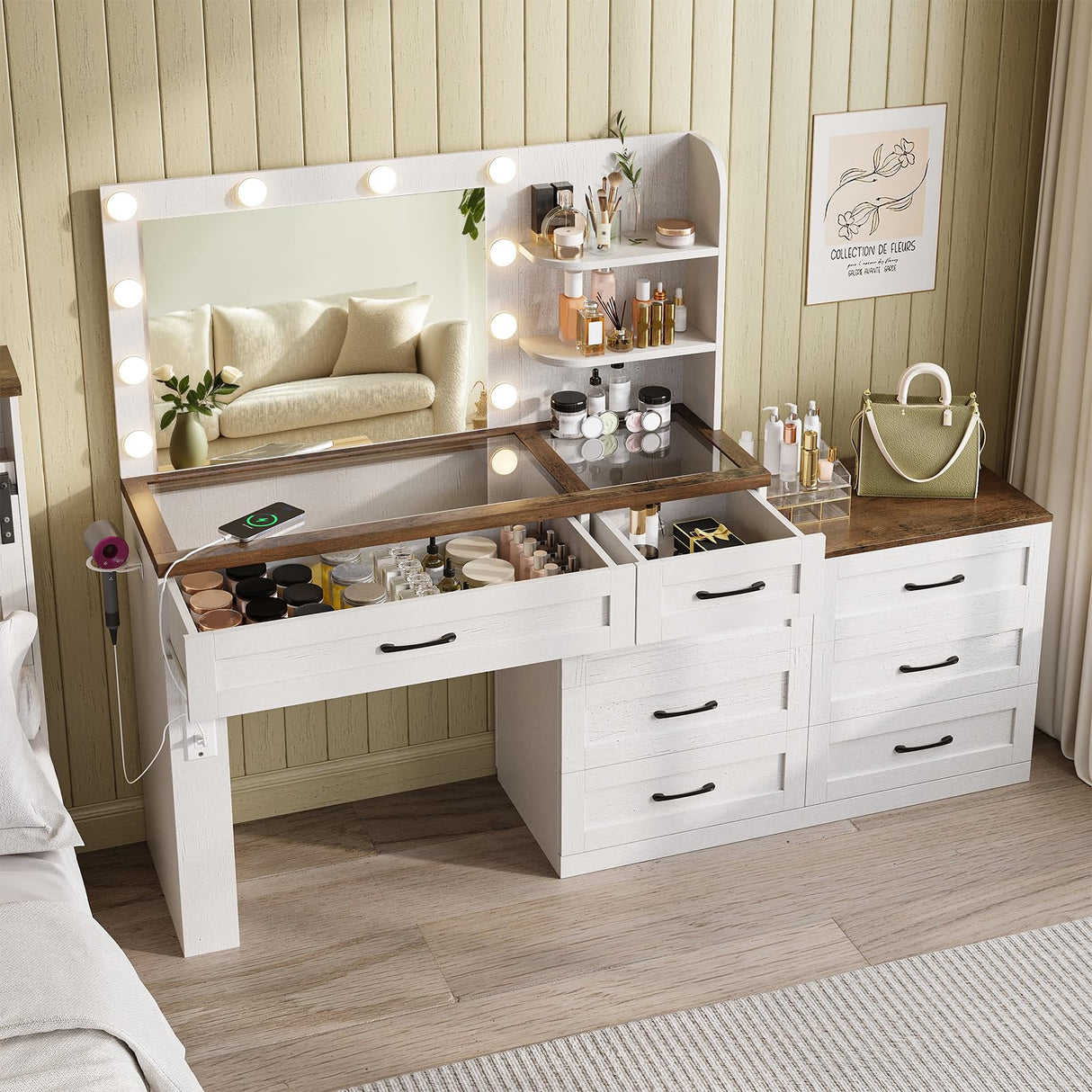 Farmhouse Large Makeup Vanity Desk, Glass Top Vanity Dresser Combo, Make Up Dressing Table, with Mirror and Lights and 8 Drawers, with Charging Station and Storage, for Bedroom, Dressing Room, White Vabches