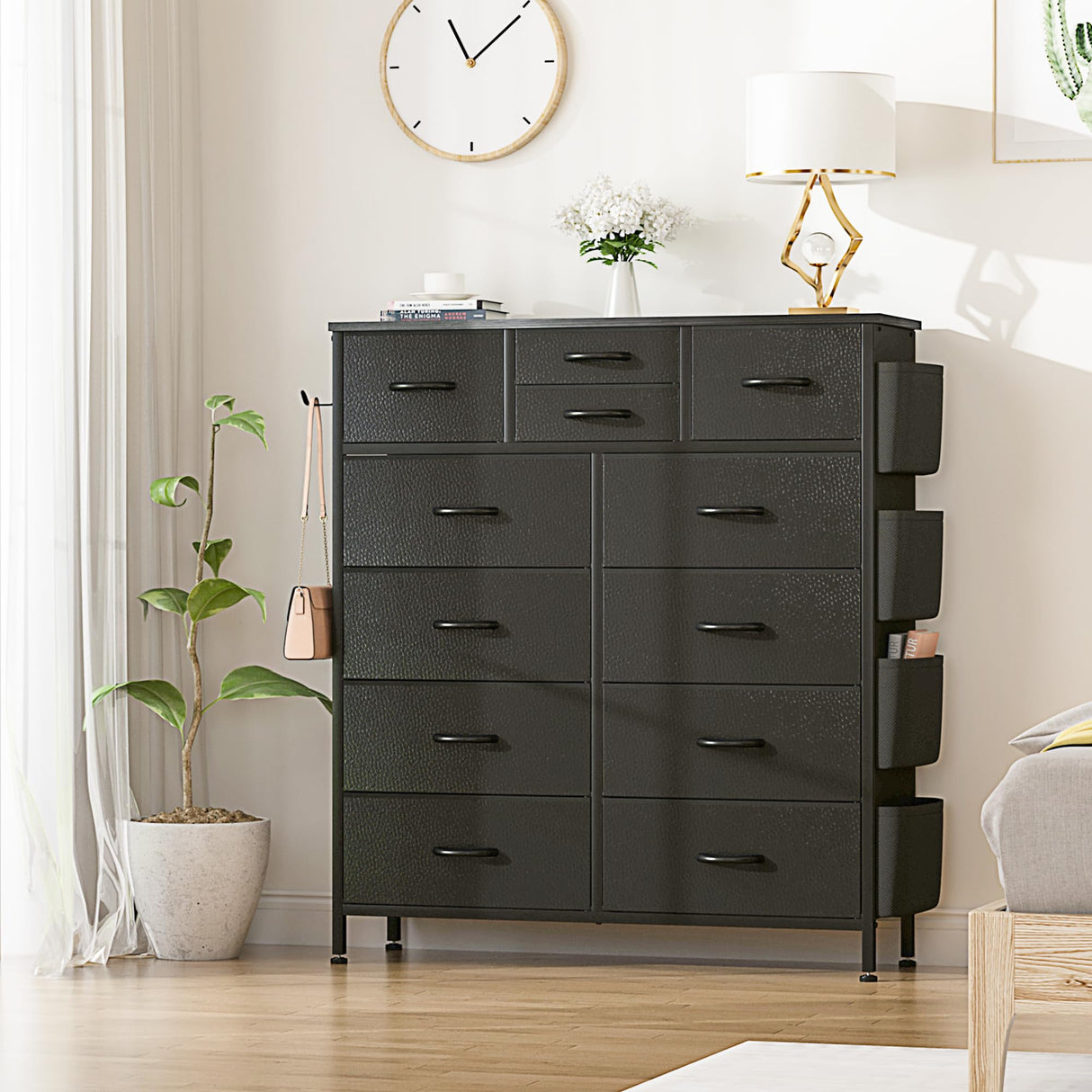 Lulive Dresser for Bedroom with 12 Drawers, Tall Dresser Chest of Drawers with Side Pockets and Hooks, Fabric Dresser Storage Tower for Closet, Hallway, Living Room (Black) Lulive