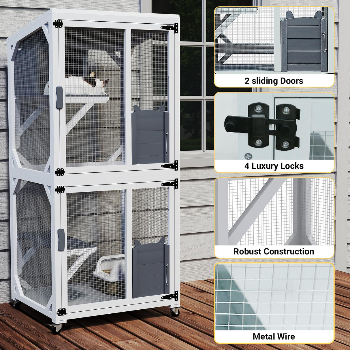 Yafylly Catio Outdoor Cat Enclosure, Cat Condo for Patio, Wooden Movable Cats Cage with 4 Wheels, Outside Cats House Weatherproof, Cats Condo Outdoor with 3 Platforms Yafylly