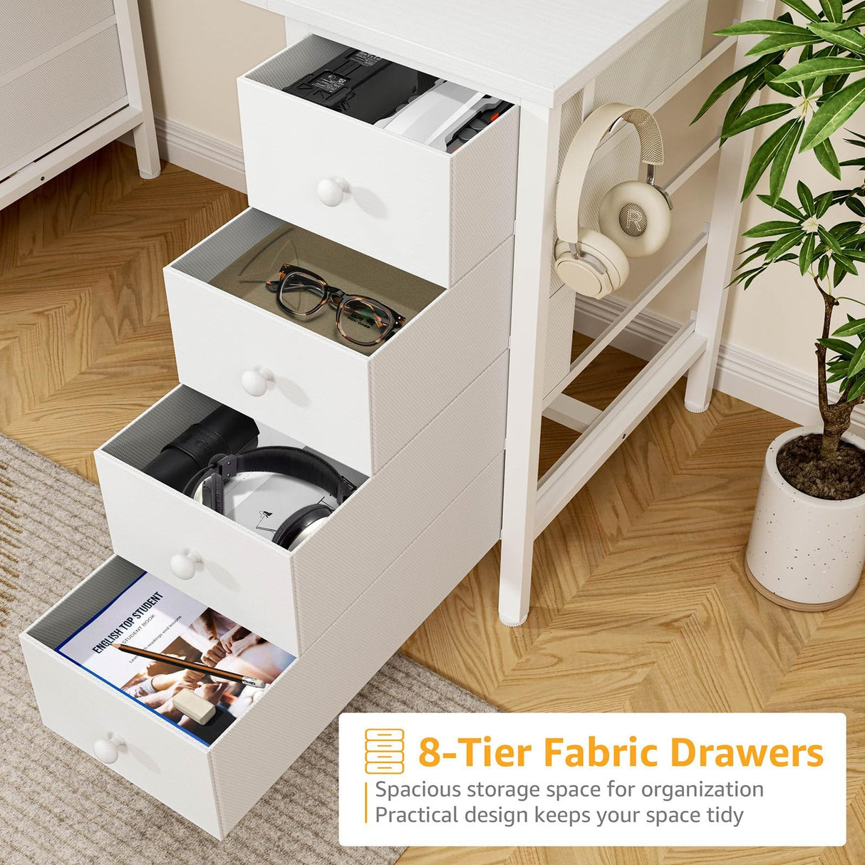 White Computer Desk with Fabric Drawers for Storage, 55 inch Home Office Desk with 8 Fabric Drawers, Writing Study Desk with Drawers on Both Sides for Bedroom DLisiting