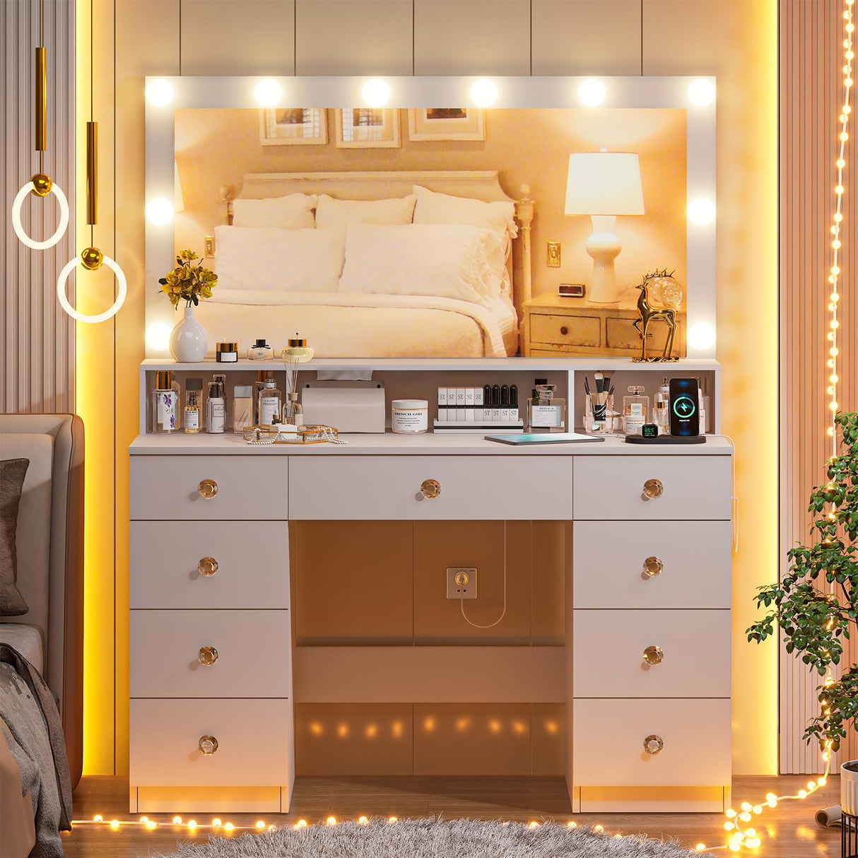 Vanity Desk with Large Lighted Mirror 10 Led Lights,43.3"Large Makeup Vanity with 9 Drawers,Power Outlet,Makeup Dressing Table with Crystal Handles,Christmas Vanity Table for Women Girls (White) DINGIPP