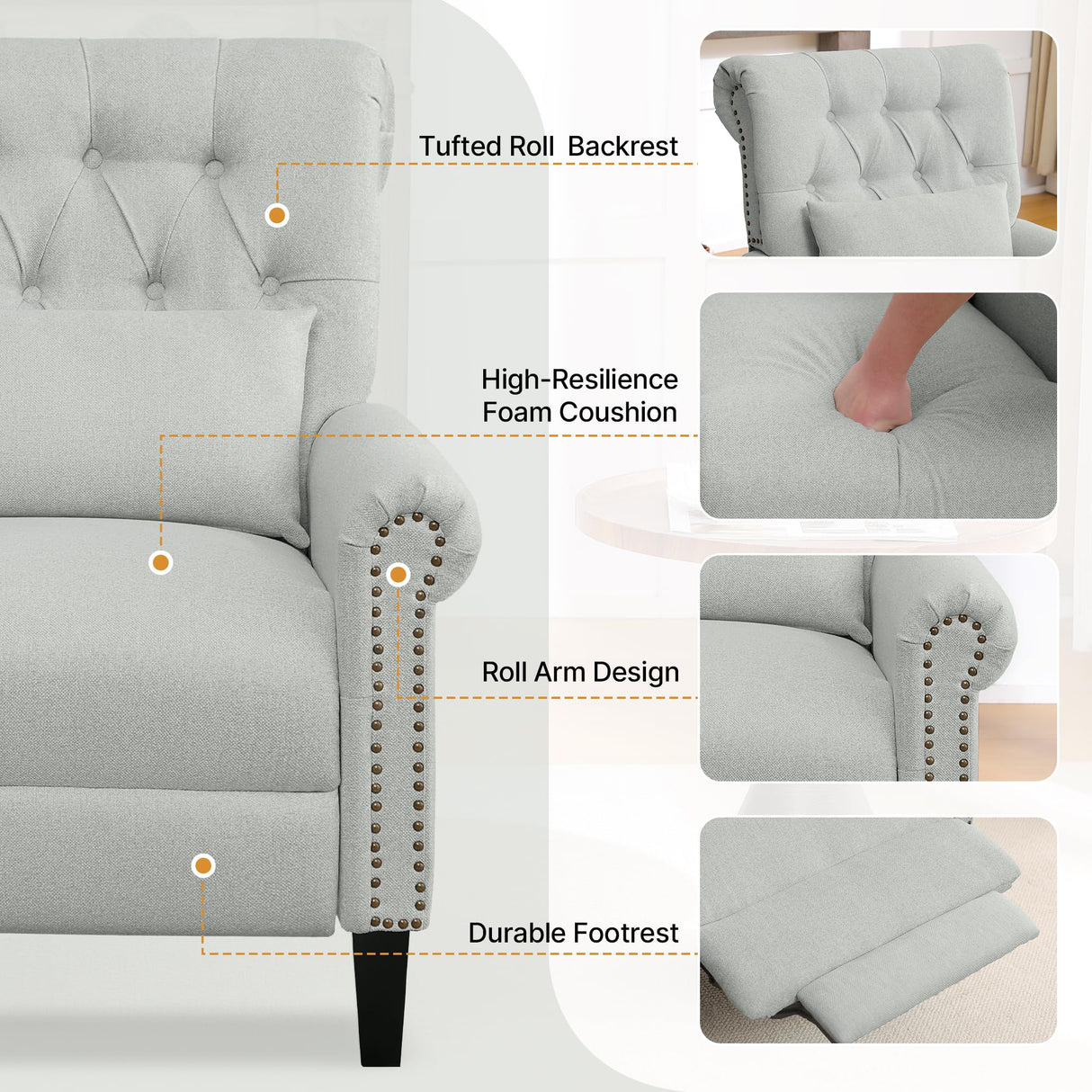 choairy Pushback Recliner Chair, Accent Push Back Chair with Adjustable Footrest Wingback, Upholstered Linen Fabric Reclining Sofa with Side Pocket, Comfy Modern Armchair for Living Room, Light Grey choairy