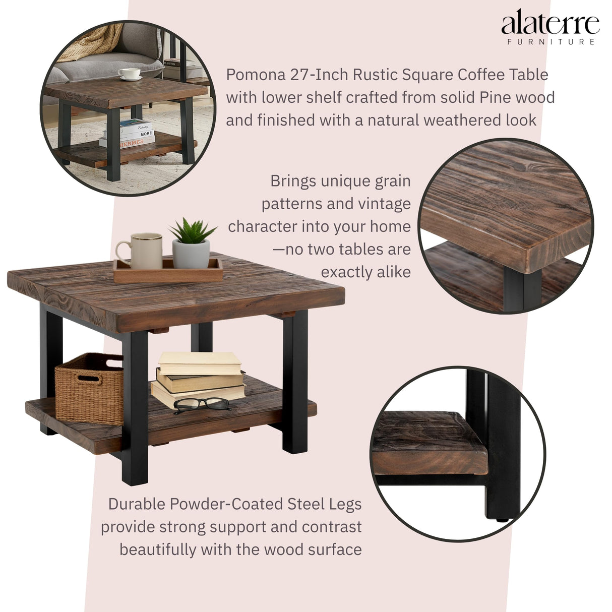 Pomona 27-Inch Rustic Square Coffee Table – Solid Pine Wood with Natural Weathered Finish and Industrial Metal Legs – Small Space Living Room Accent by Alaterre Furniture Alaterre Furniture