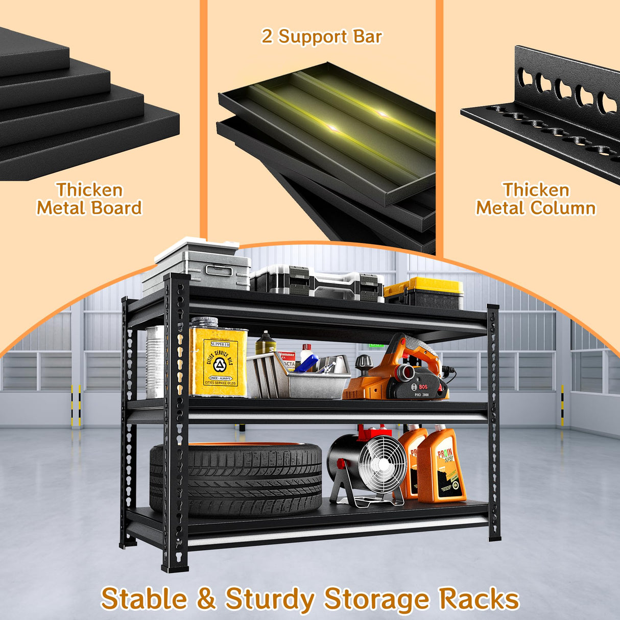 SUPPNEED Adjustable Shelving Units and Storage, 48”W Garage Shelving Heavy Duty,1500LBS Loads 3-Tier Garage Storage Shelves, Metal Shelves for Living Room,Pantry,48”W×16”D×36”W,Black SUPPNEED