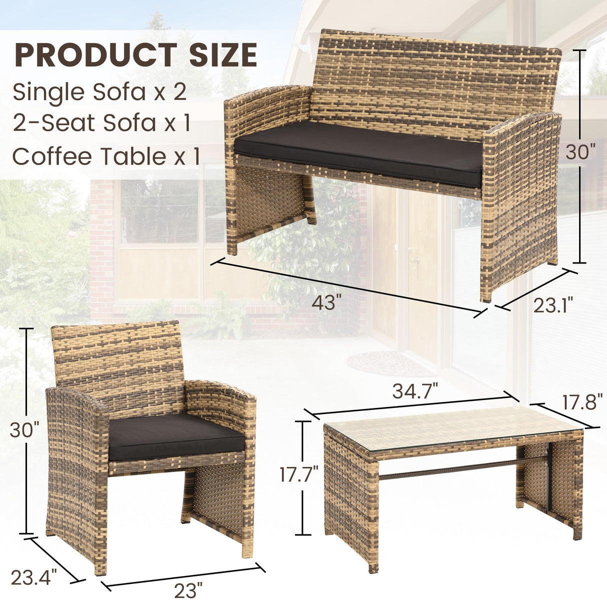 KROFEM 4 Pieces Rattan Patio Furniture Set,Outside Sectional Conversation Cushioned Sofa Set, Wicker Sofa Ideal for Garden, Porch, Backyard, Natural Rattan with Black Cushion KROFEM