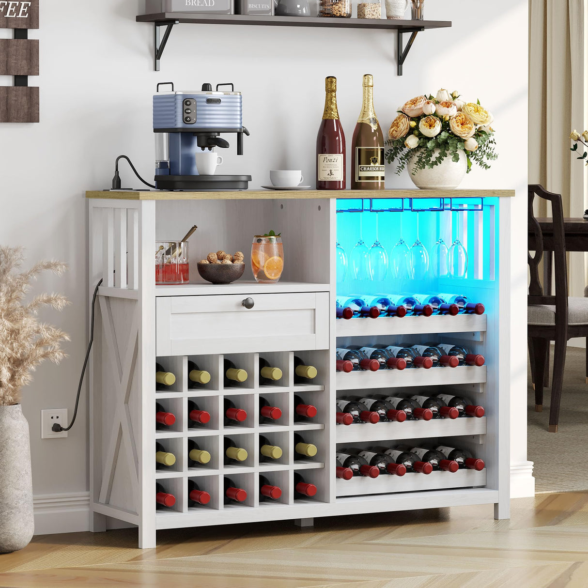 DWVO 47" LED-Illuminated Wine Bar Cabinet with Power Outlets - Modern Storage & Drawer in Washed White DWVO