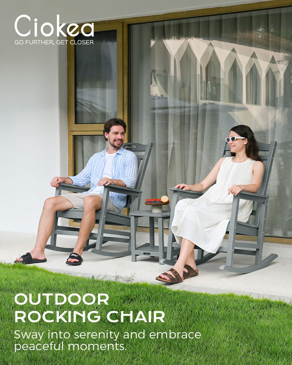 Oversized Rocking Chair Outdoor, HDPE Poly Rocking Chair, All Weather Porch Rocker for Deck Patio Balcony, 380lbs, Grey Ciokea