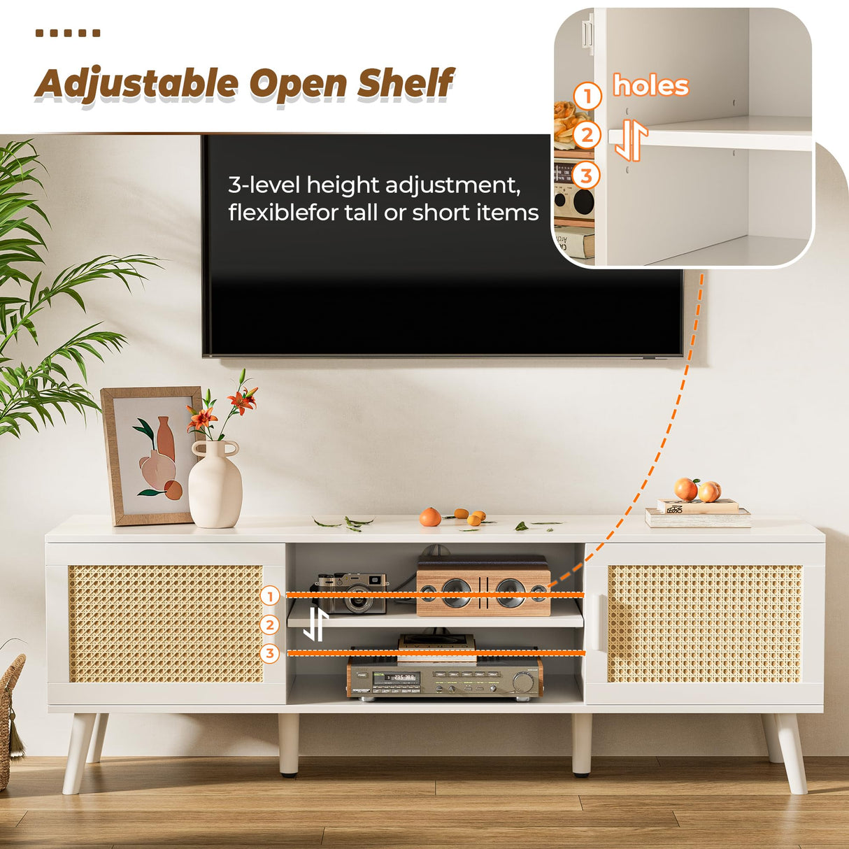 SUPERJARE 65 Inch TV Stand, Entertainment Center with Adjustable Shelf, Rattan TV Console with 2 Cabinets, Media Console, Solid Wood Feet, 4 Cord Holes, for Living Room, White SUPERJARE