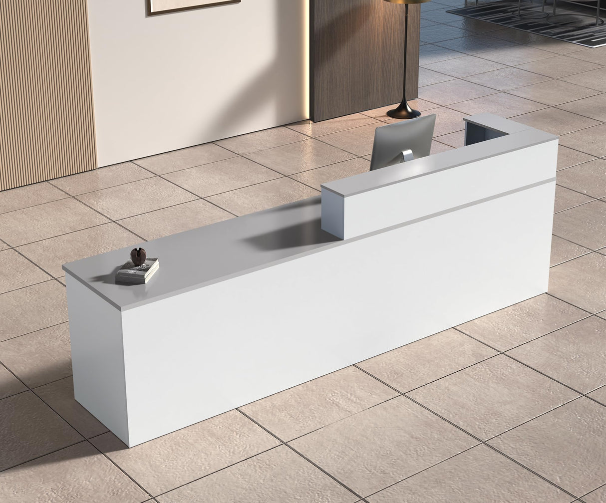 Anzhap L-Shaped Reception Desk with Counter, Front Desk Reception Counter with Drawer, Keyboard Tray & Cable Box for Office, Salon, Lobby, Checkout, Retail(White + Grey/Left, 63" L * 24" W * 39" H) Anzhap