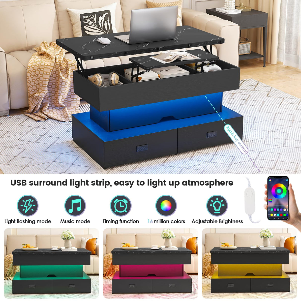 Turosur 40" Lift Top Coffee Table, LED Coffee Tables with Storage and 4 Drawers, Coffee Table with Lifting top for Living Room Home Office Turosur