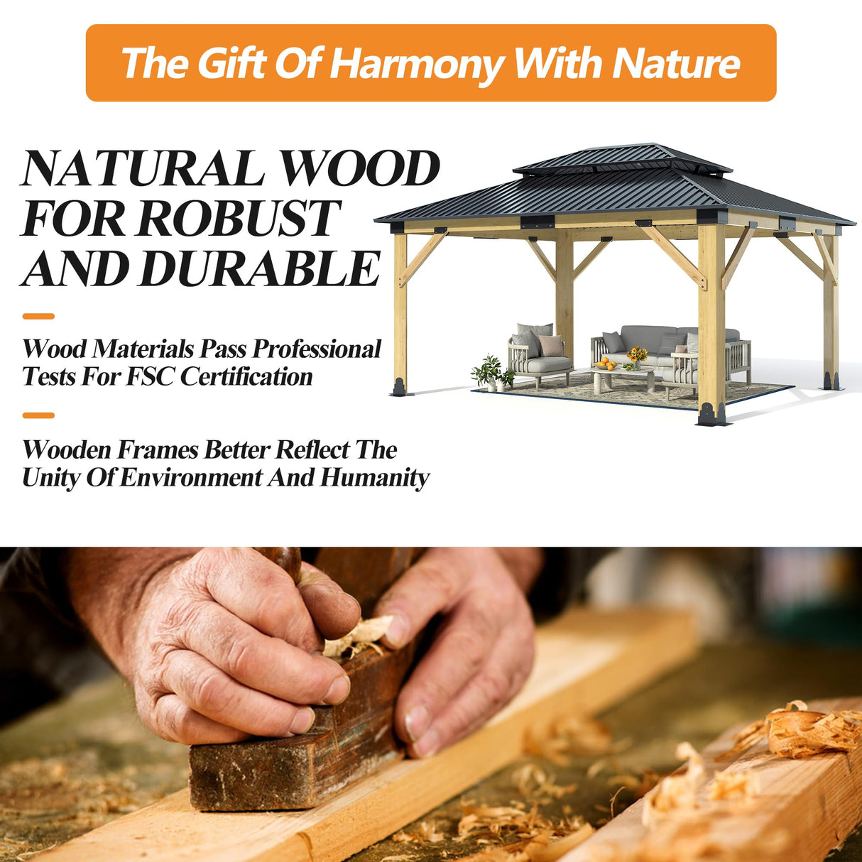 13’x15’ Outdoor Wooden Gazebo - Patio Galvanized Steel Gazebos with Double Vented Roof, Heavy-Duty Cedar Wood Gazebo for Garden, Lawn, Poolside, Backyard Deck GARTOO