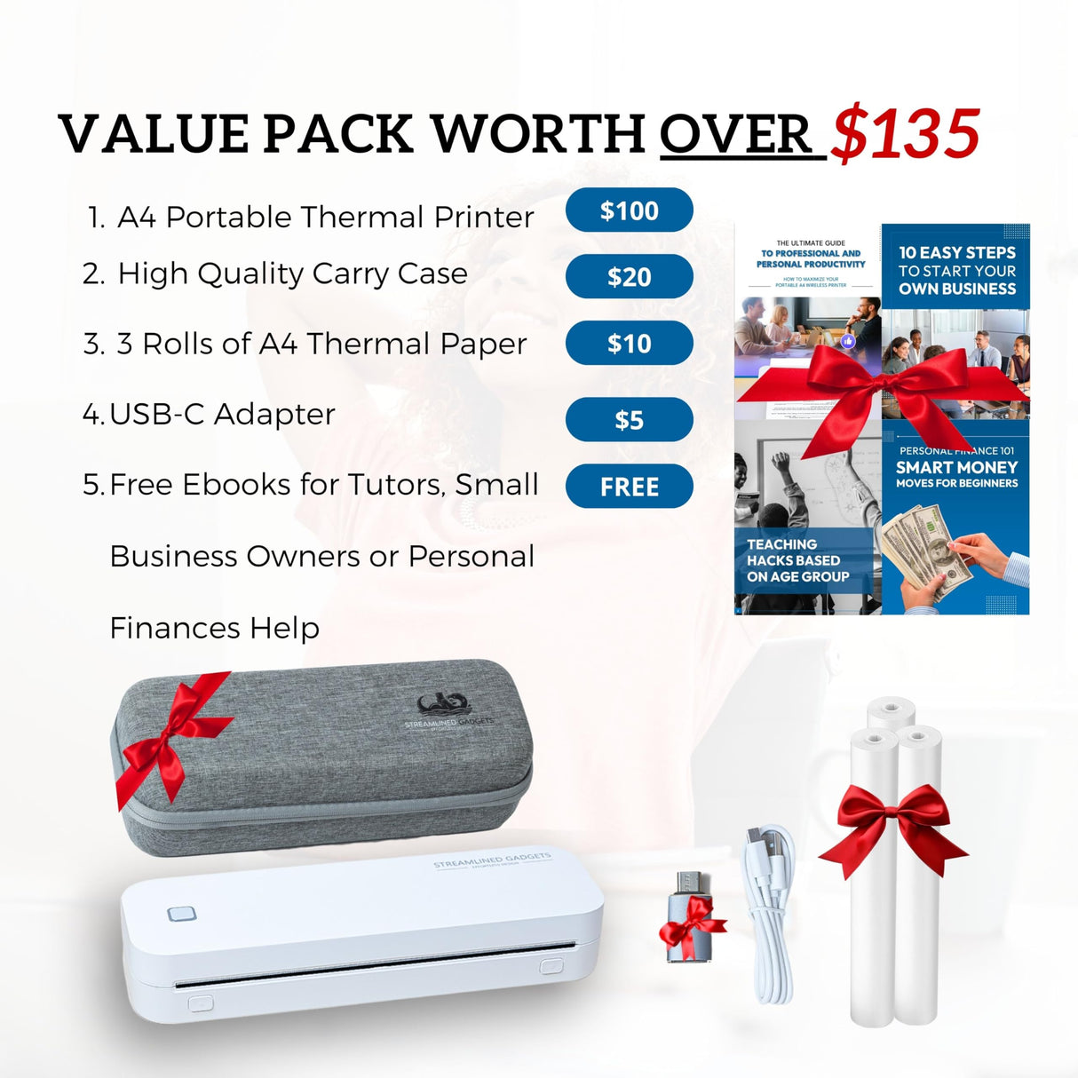 2025 Premium Portable Inkless Printer for Iphone, Android, Tablet, Laptop w/Bluetooth for home and school 8.5”x11” Thermal Printer-Wireless Mobile Printer w/FREE Shockproof Case, 3 rolls thermal paper STREAMLINED GADGETS